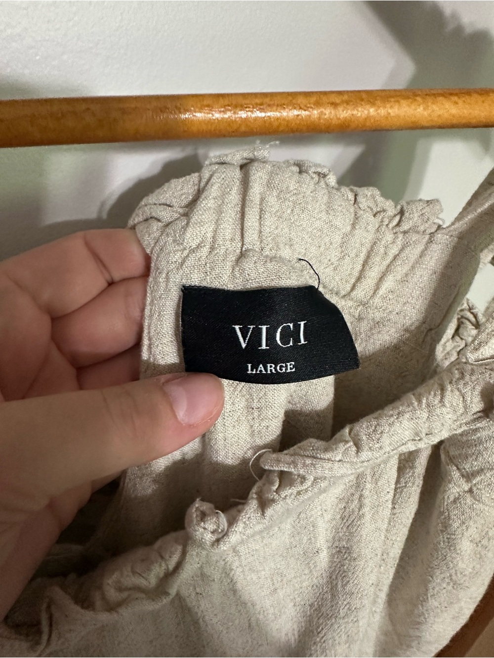 Vici Light Beige Linen Blend Romper with Ruffle Trim - Picture 3 of 6